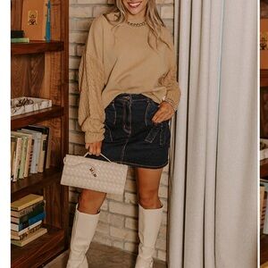 Impressions Tan Sweater with Cable Knit Sleeves